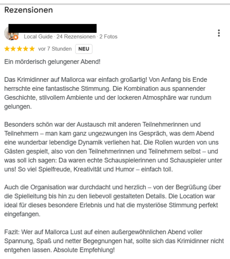 Krimidinner Mallorca Referenzen