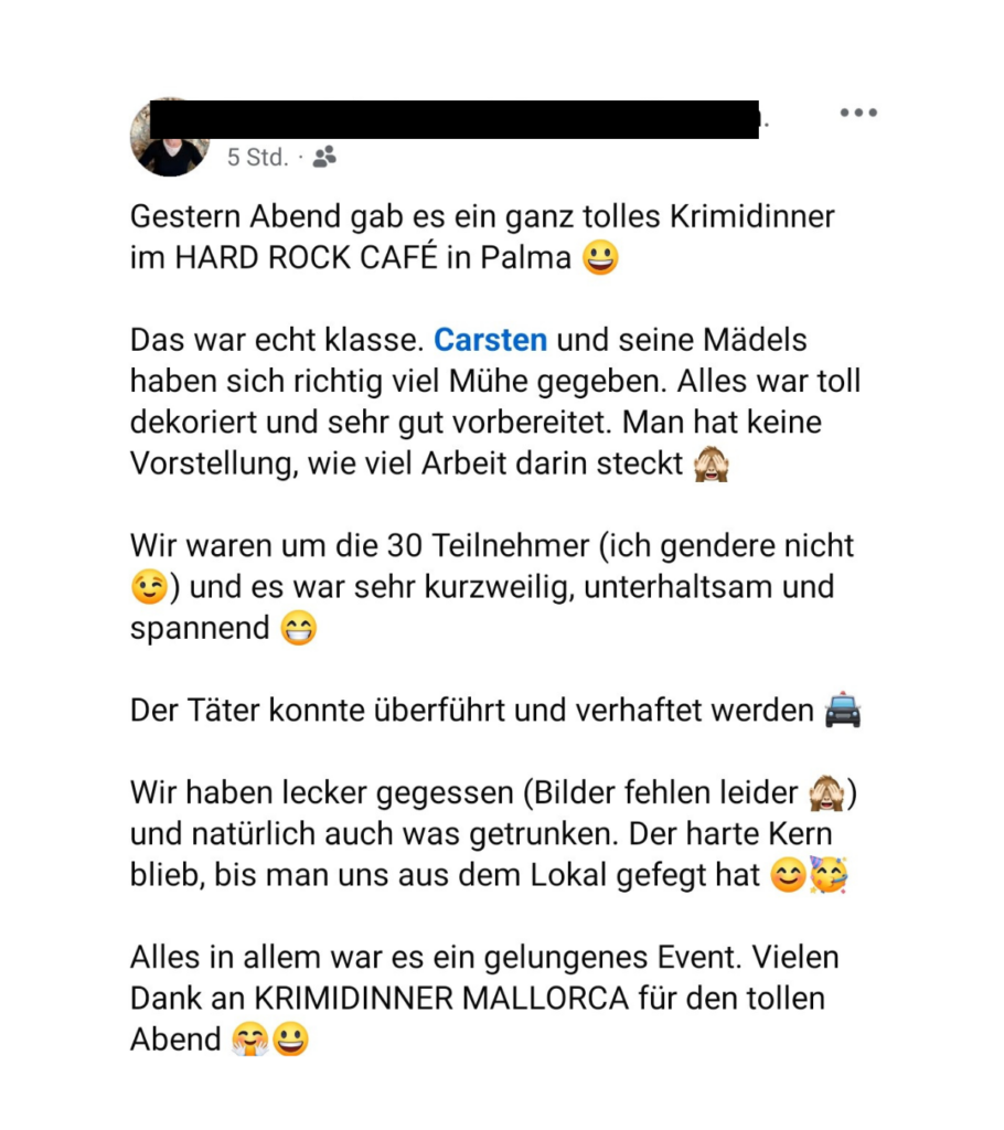 Krimidinner Mallorca Referenzen